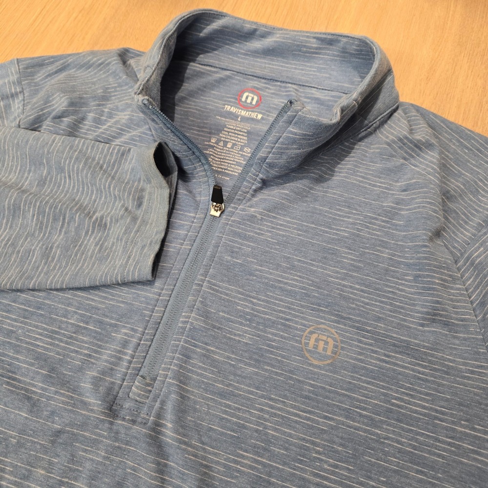 Travis Mathew Mens Large Blue Heather Stripe Quarter Zip Pullover Golf Shirt L